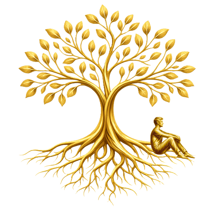 Een gouden boom met zichtbare wortels, stam en kruin, met een rustig zittende persoon ernaast als verbeelding van de Rootree-methode.